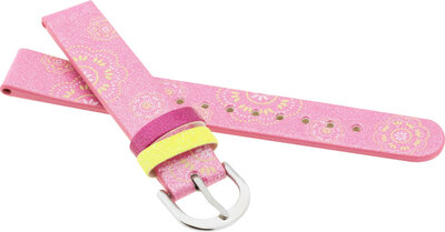 Children's Leather Strap 14 mm, Pink, Silver Buckle (Flowers Theme)