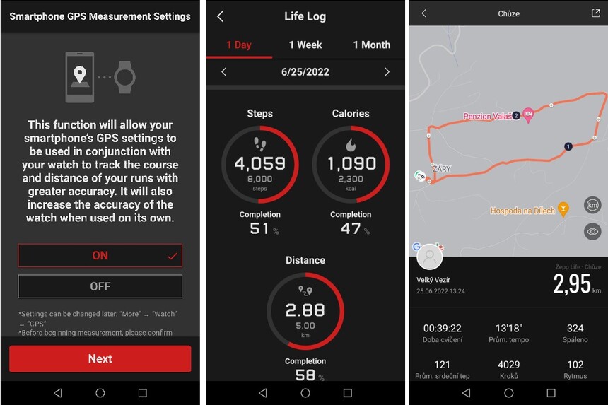 Nastavení GPS, údaje z aplikace MOVE a z chytrého náramku Mi Band.