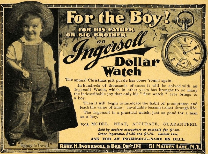 Dolarové hodinky vyráběla společnost Waterbury pro firmu Ingersoll.
