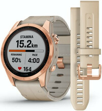 Garmin Fenix 7S Sapphire Solar Rose Gold Titanium / Limestone Leather Band (Premium) + spare silicone strap