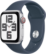 Apple Watch SE (2023) GPS + Cellular 40mm stříbrné hliníkové pouzdro s bouřkově modrým sportovním řemínkem - M/L