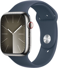 Apple Watch Series 9 GPS + Cellular 41mm stříbrné pouzdro z nerezové oceli s bouřkově modrým sportovním řemínkem - M/L