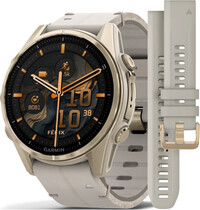 Garmin Fenix 8 AMOLED 43 mm, Sapphire Soft Gold Stainless Steel Fog Gray Limestone Leather Band (Premium) (+ extra strap)