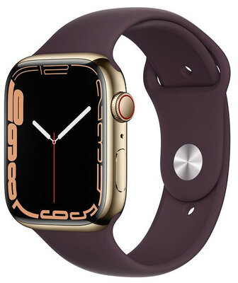 Apple Watch Series 7 GPS + Cellular, 45mm Gold Stainless Steel Case with Dark Cherry Sport Band