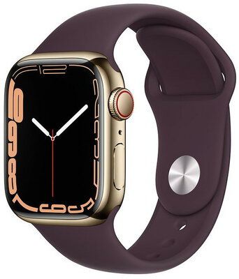 Apple Watch Series 7 GPS + Cellular, 41mm Golden Stainless Steel Case with Dark Cherry Sports Strap