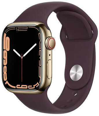 Apple Watch Series 7 GPS + Cellular, 41mm Gold Stainless Steel Case with Dark Cherry Sport Band - Regular