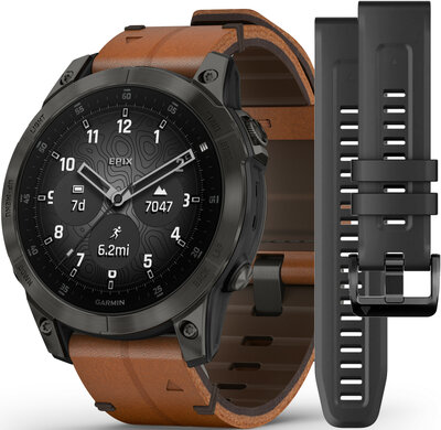 Garmin Epix 2 PRO Sapphire, Titan Black / Brown Leather Band (+ spare silicone strap)