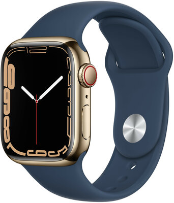 Apple Watch Series 7 GPS + Cellular, 41 mm Gold Stainless Steel Case with Abyss Blue Sport Band