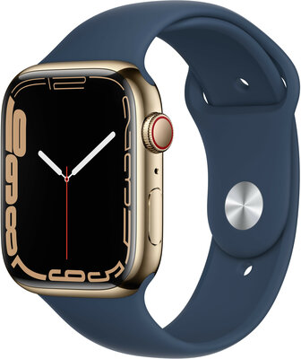 Apple Watch Series 7 GPS + Cellular, 45 mm Gold Stainless Steel Case with Abyss Blue Sport Band