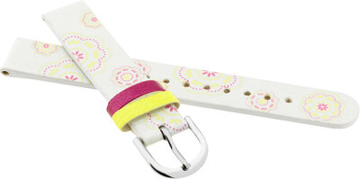 Children's Leather Strap 14 mm, White, Silver Buckle (Flowers Theme)