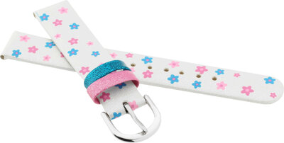 Children's Leather Strap 14 mm, White, Silver Buckle  (Flowers Theme)