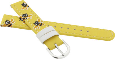 Children's Leather Strap 15 mm, Yellow, Silver Buckle (Bee Theme)