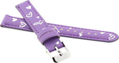 Children's Leather Strap 14 mm, Purple, Silver Buckle (Hearts Theme)