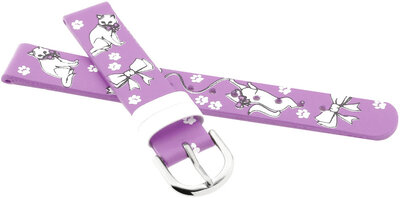 Children's Leather Strap 14 mm, Purple, Silver Buckle (Cat Theme)