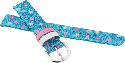 Children's Leather Strap 14 mm, Blue, Silver Buckle (Flowers Theme)