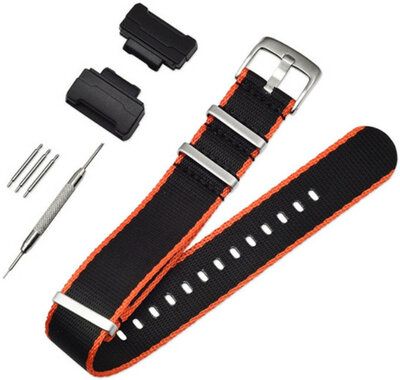 Strap for Casio G-Shock, textile, black-orange, silver buckle (for models GA-100/110/120, DW-5600, GD-100)