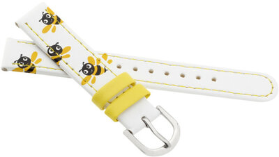 Children's Leather Strap 15 mm, White, Silver Buckle (Bee Theme)