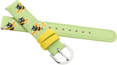 Children's Leather Strap 15 mm, Green, Silver Buckle (Bee Theme)