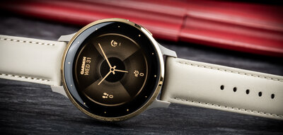 Garmin Venu 3S Cream Gold / French Gray, Sand Leather Band (Premium) (+ náhradní silkonový řemínek)