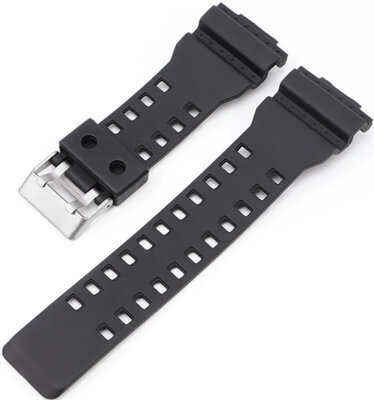 Strap for Casio G-Shock, plastic, matte black, silver buckle (for models GA-100, GA-110, GD-120, GLS-100)