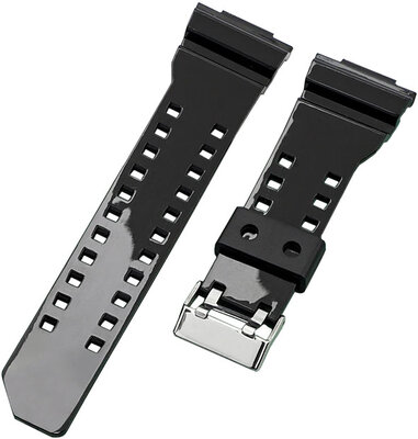 Strap for Casio G-Shock, plastic, glossy black, silver buckle (for models GA-100, GA-110, GD-120, GLS-100)