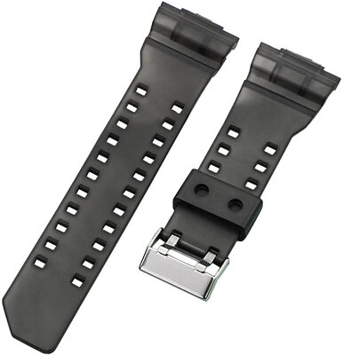 Strap for Casio G-Shock, plastic, black transparent, silver buckle (for models GA-100, GA-110, GD-120, GLS-100)