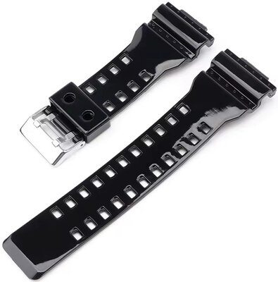 Strap for Casio G-Shock, plastic, black, glossy, silver buckle (for models GA-100, GA-110, GD-120, GLS-100)
