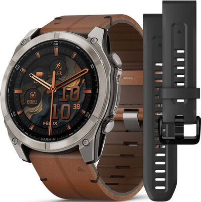 Garmin Fenix 8 AMOLED 51 mm, Exclusive Titanium Graphite Brown Leather Band (Premium) (+ extra strap)