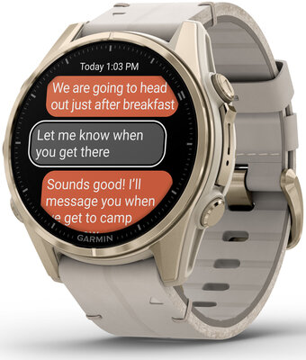 Garmin Fenix 8 AMOLED 43 mm, Sapphire Soft Gold Stainless Steel Fog Gray Limestone Leather Band (Premium) (+ extra strap)