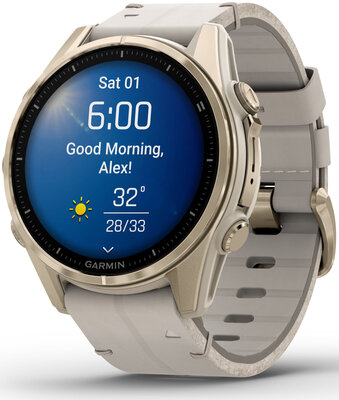 Garmin Fenix 8 AMOLED 43 mm, Sapphire Soft Gold Stainless Steel Fog Gray Limestone Leather Band (Premium) (+ extra strap)