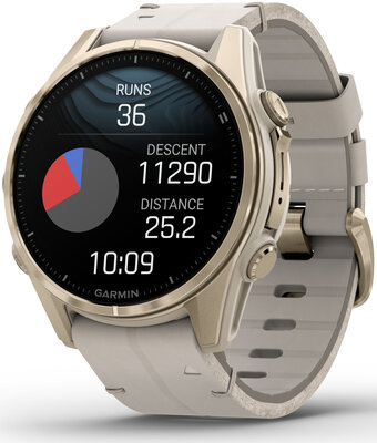 Garmin Fenix 8 AMOLED 43 mm, Sapphire Soft Gold Stainless Steel Fog Gray Limestone Leather Band (Premium) (+ extra strap)