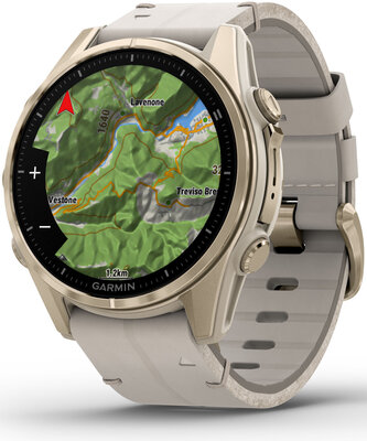 Garmin Fenix 8 AMOLED 43 mm, Sapphire Soft Gold Stainless Steel Fog Gray Limestone Leather Band (Premium) (+ extra strap)