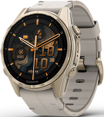 Garmin Fenix 8 AMOLED 43 mm, Sapphire Soft Gold Stainless Steel Fog Gray Limestone Leather Band (Premium) (+ extra strap)